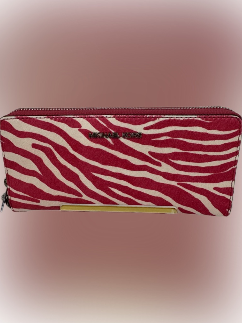 Michael Kors Calf Hair Hot Pink Zip Wallet with Silver Hardware